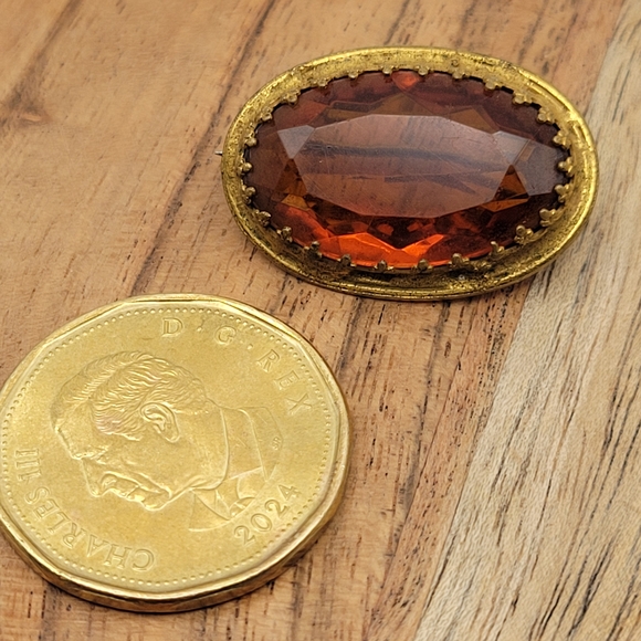 Antique Victorian With Genuine Citrine in Gold Plated Brass Brooch Pin C-Clasp - Picture 8 of 8